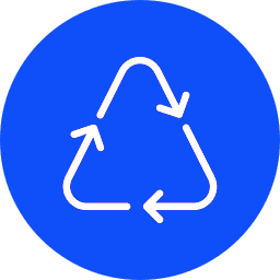 White recycling symbol on a blue circular background.