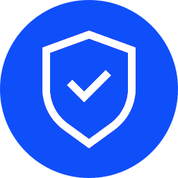 White shield with a check mark on a blue background symbolizing security.